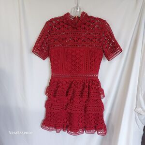 Self-Portrait Red Lace Mini Dress Short Sleeve Crochet MSRP $444 Sz US4 UK8
